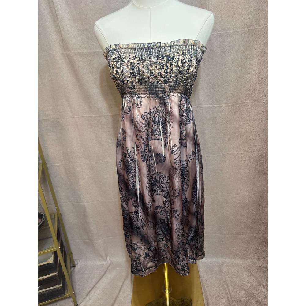 Y2K Lapis Strapless Smocked Sequin Paisley Midi Dress Pink Black One Size